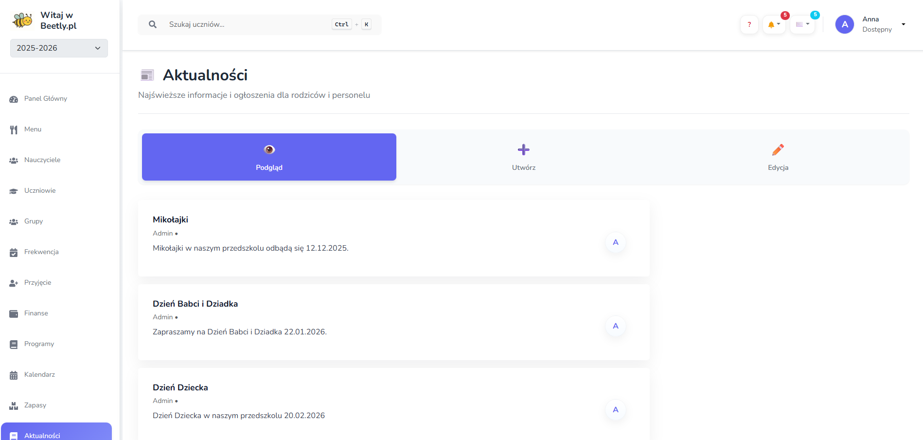 Panel aktualności screenshot