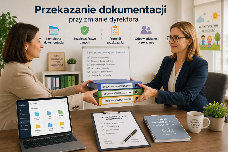 Dyrektor przedszkola podpisuje protokół zdawczo-odbiorczy przy przekazaniu dokumentacji następcy