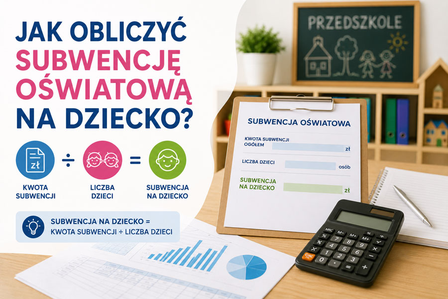 Dyrektor przedszkola przy biurku oblicza kwotę potrzeb oświatowych na przedszkolaka korzystając z kalkulatora Excel i danych SIO 2026