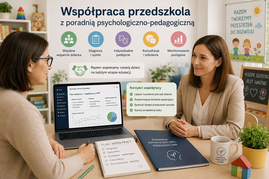 Nauczycielka i psycholog z poradni psychologiczno-pedagogicznej omawiają dokumentację dziecka w przedszkolu – współpraca przedszkola z PPP 2026