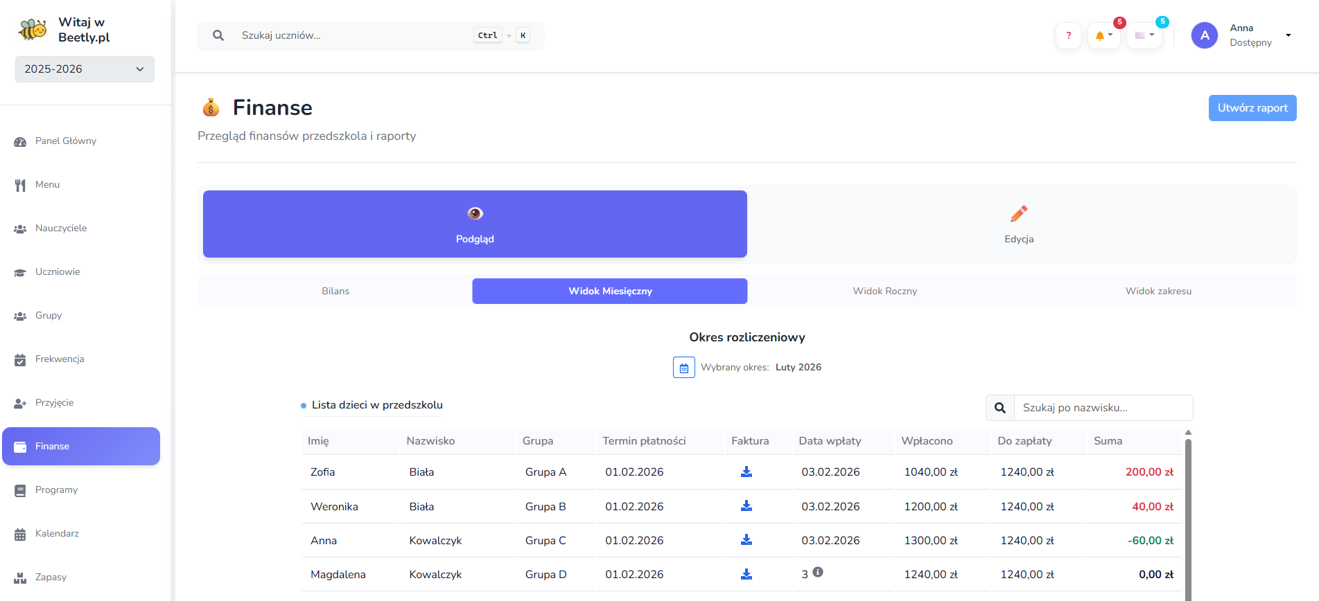 Panel finansowy screenshot