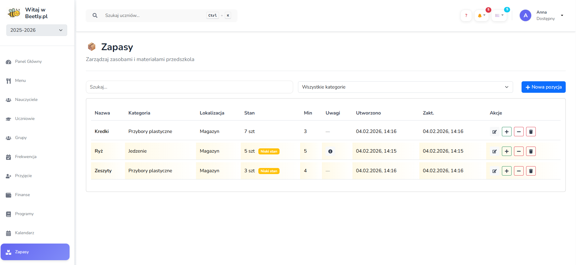 Panel inwentaryzacji screenshot