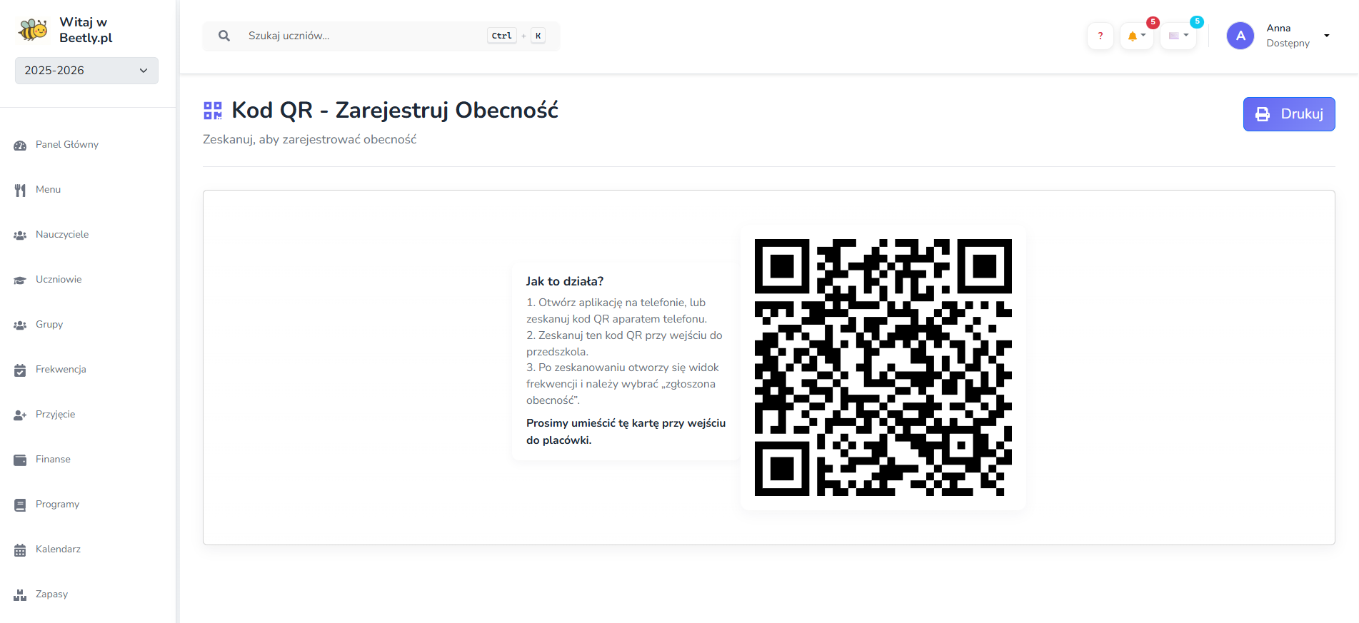 Kod QR panel screenshot