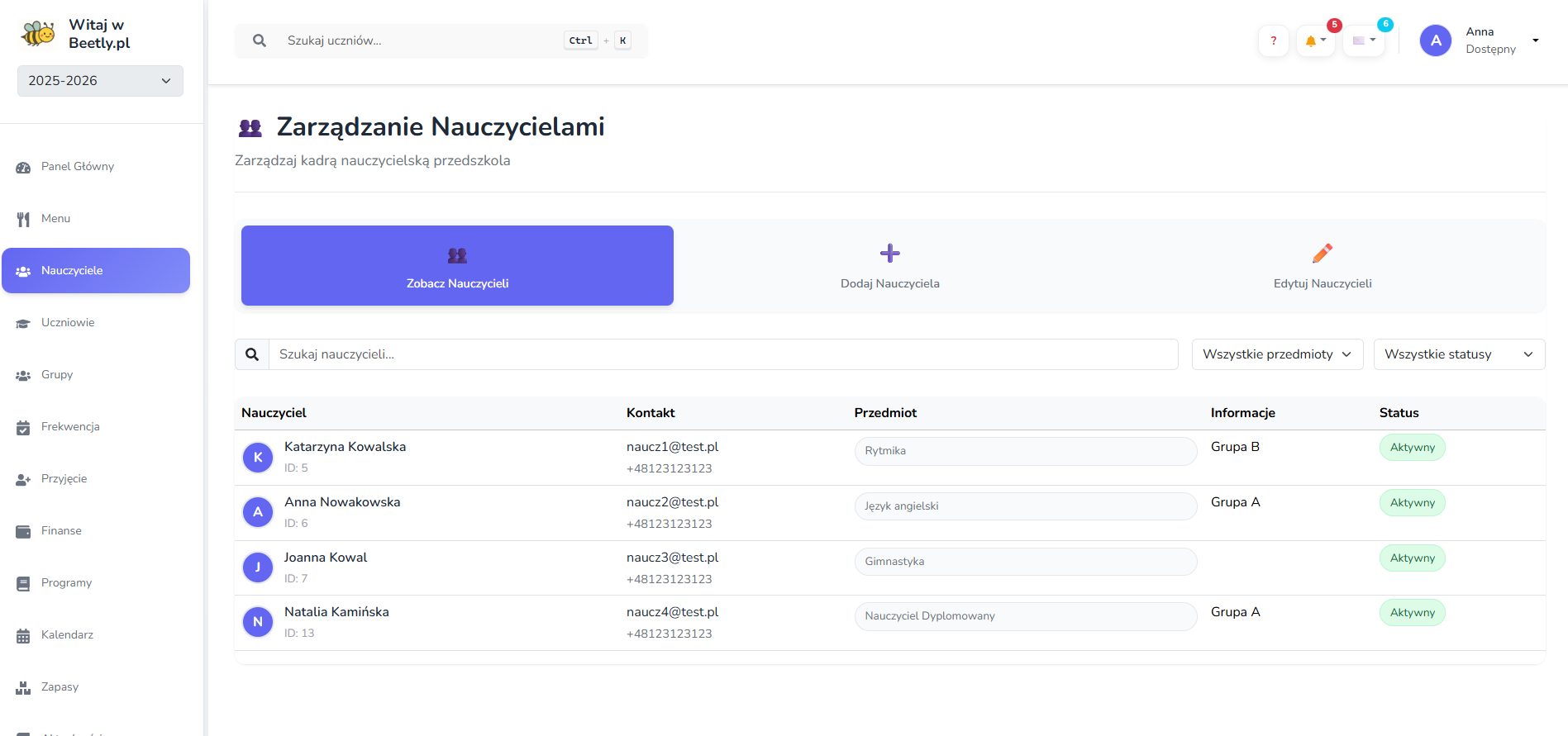 Zarządzanie nauczycielami screenshot