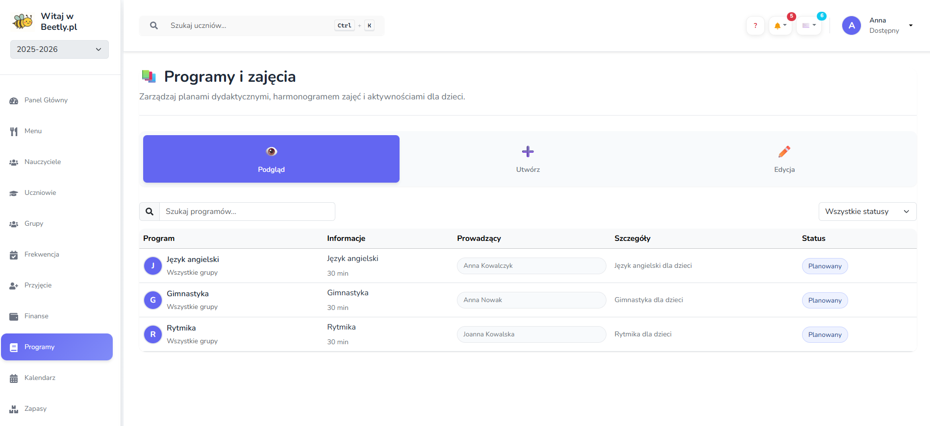 Programy i zajęcia screenshot