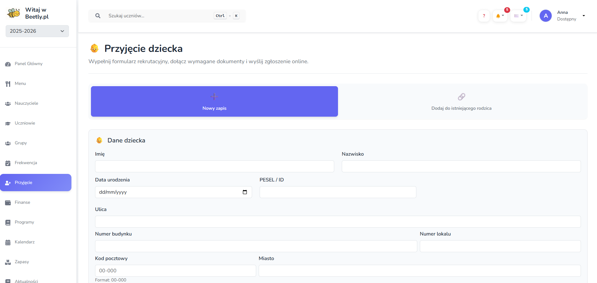 Formularz przyjęcia dziecka screenshot