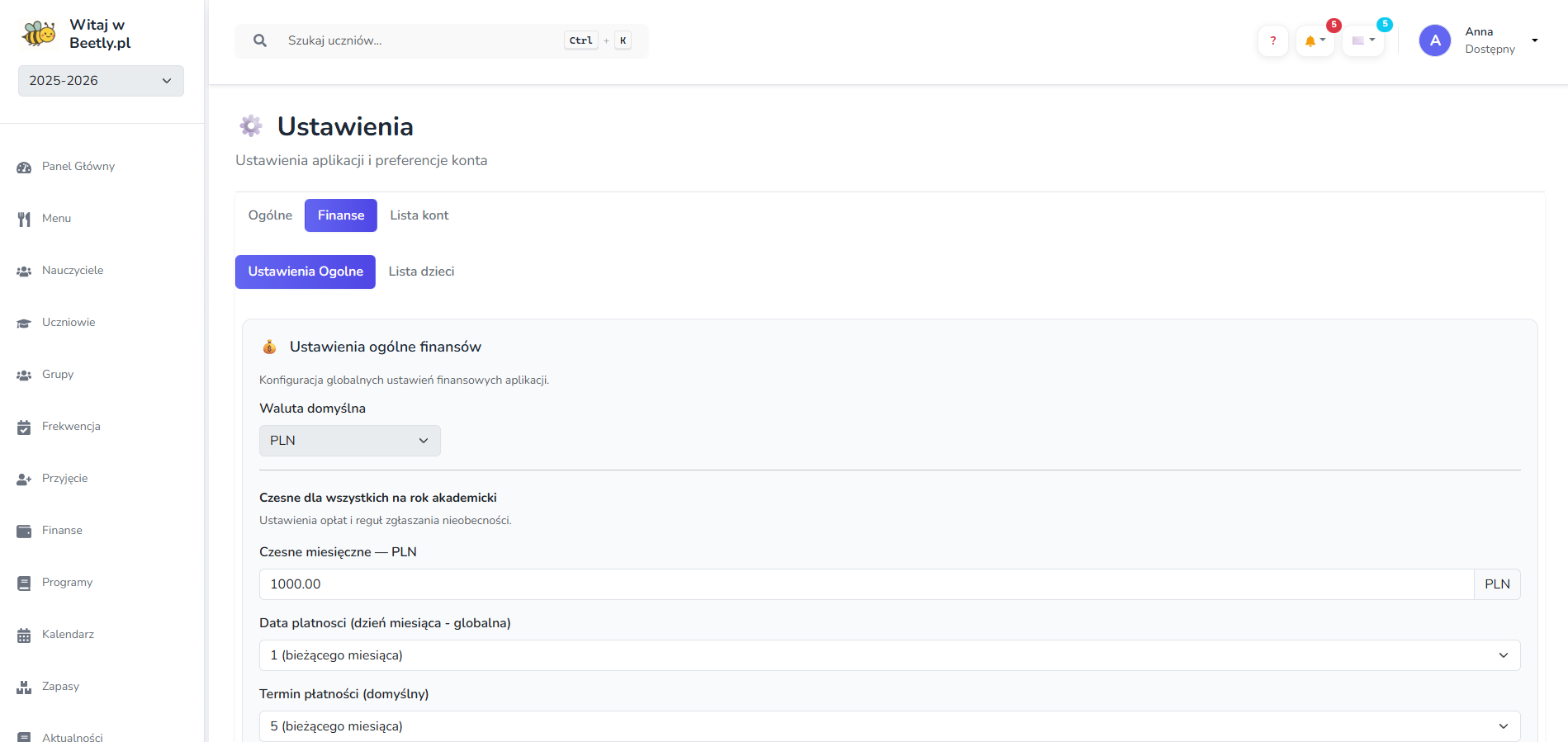 Panel ustawień screenshot